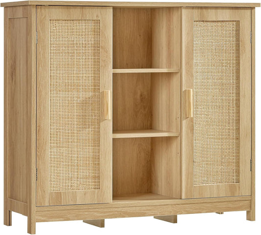 Storage Cabinet, Rattan Cabinet with 4 Adjustable Shelves, Coffee Bar Cabinet, Sideboard Buffet Cabinet for Kitchen, Living Room, Entryway, Natural-0