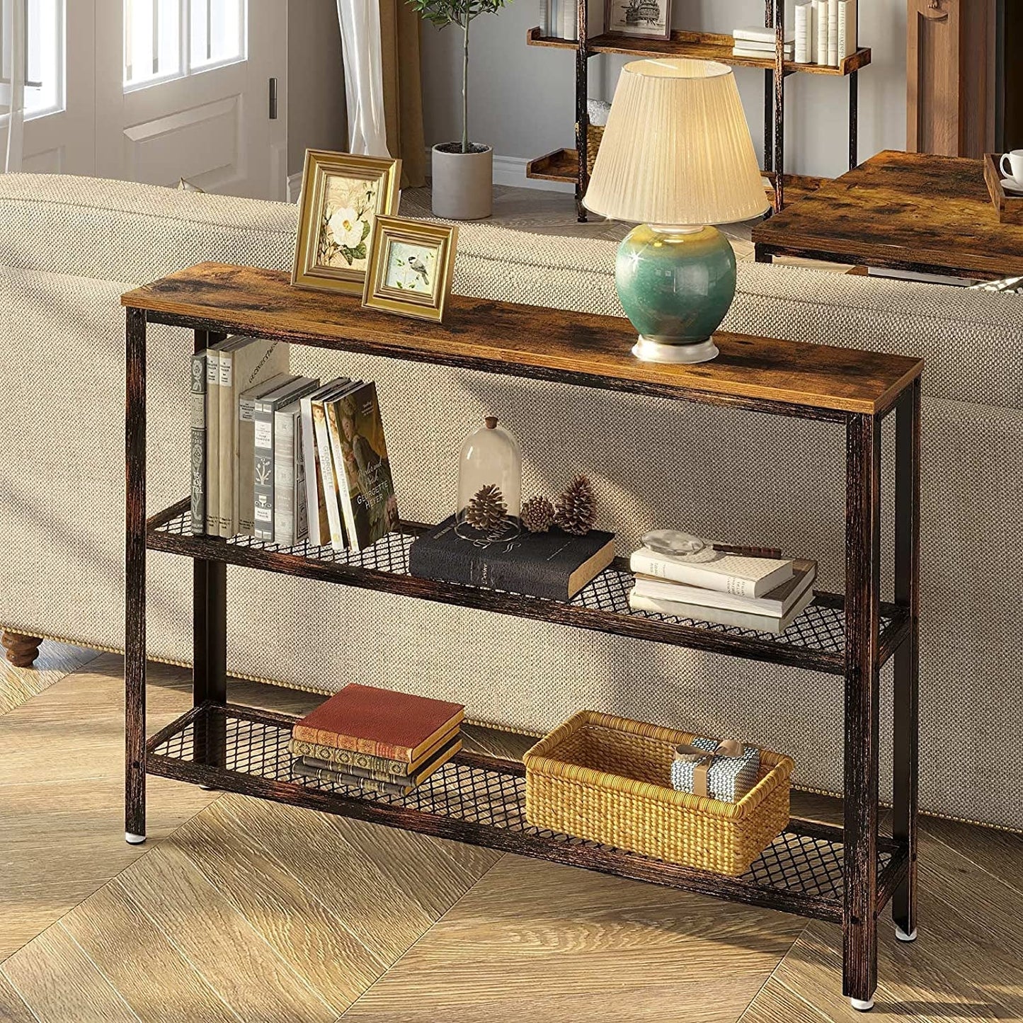 Rustic Console Table with Mesh Shelves-0