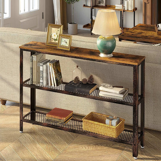 Rustic Console Table with Mesh Shelves-0