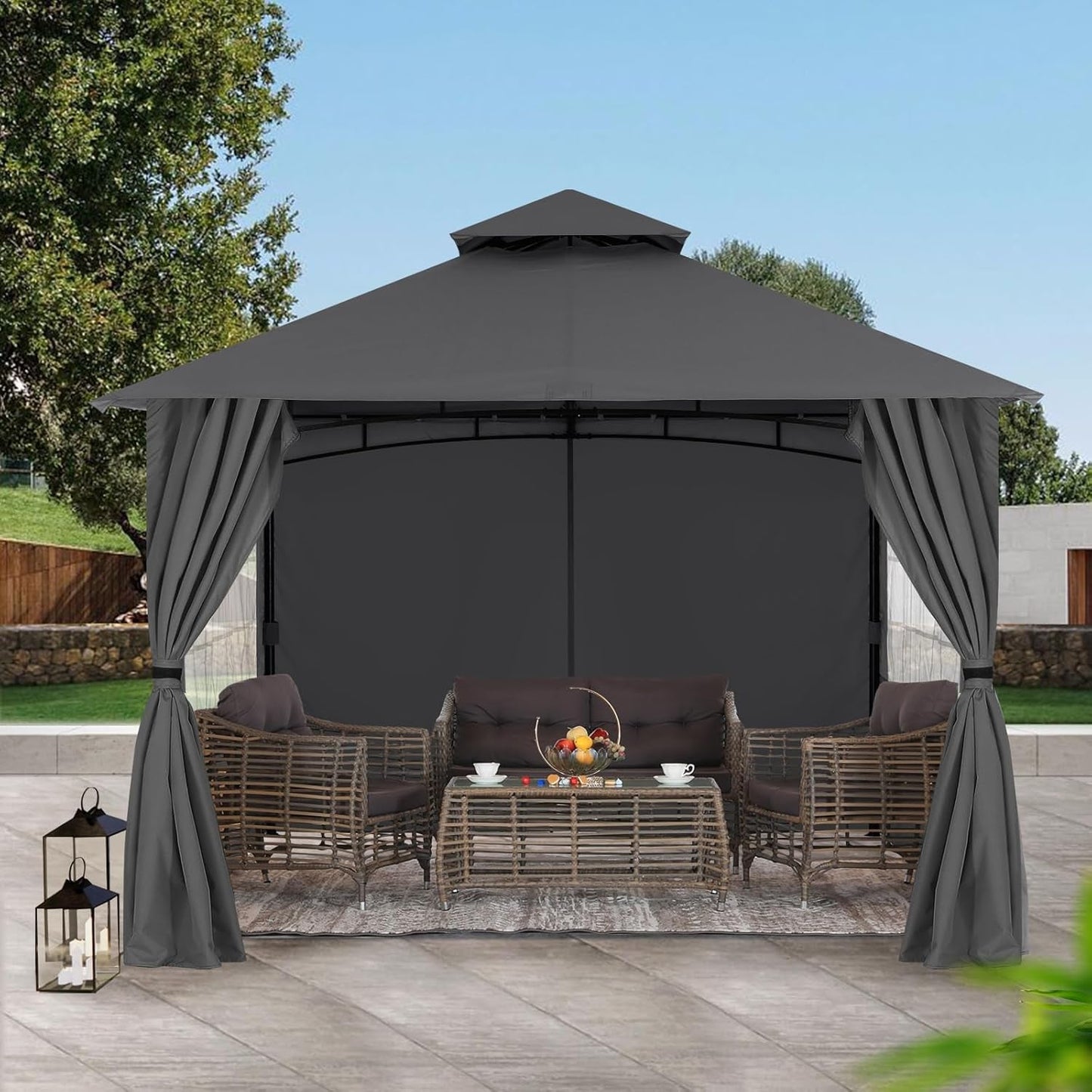 Patio Gazebo Steel Frame Outdoor Gazebo with Windows Curtains-0