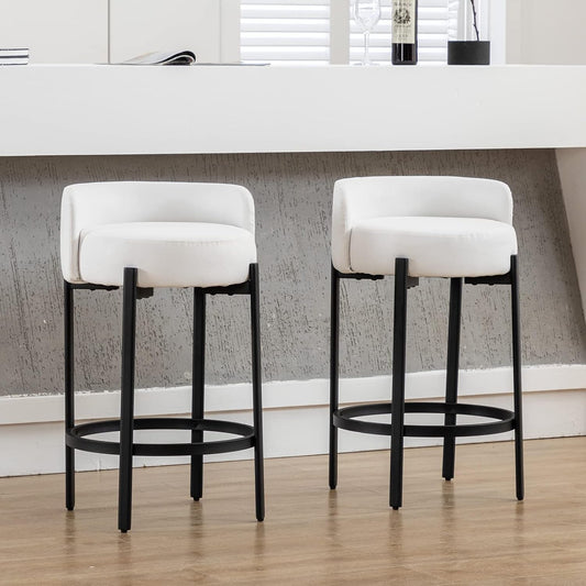 Counter Height Bar Stools 26" round Barstools Set of 2, Modern Faux Leather Counter Stools with Black Metal Legs for for Kitchen Island Counter, Small Space, White-0