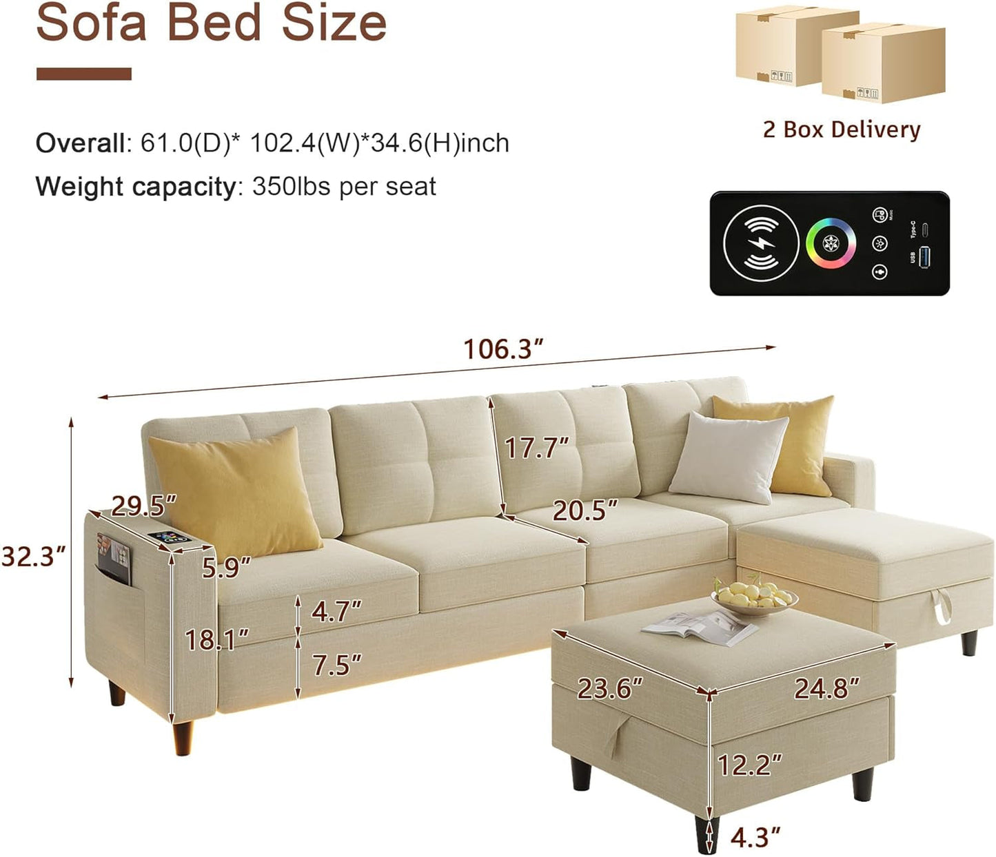 LED Sectional Couches for Living Room, Modular Sectional Sofa Set with Storage Ottomans, Oversized U Shaped Sofa Couch with Auto Sensor RGB Lights and Charging Station (Beige)-3