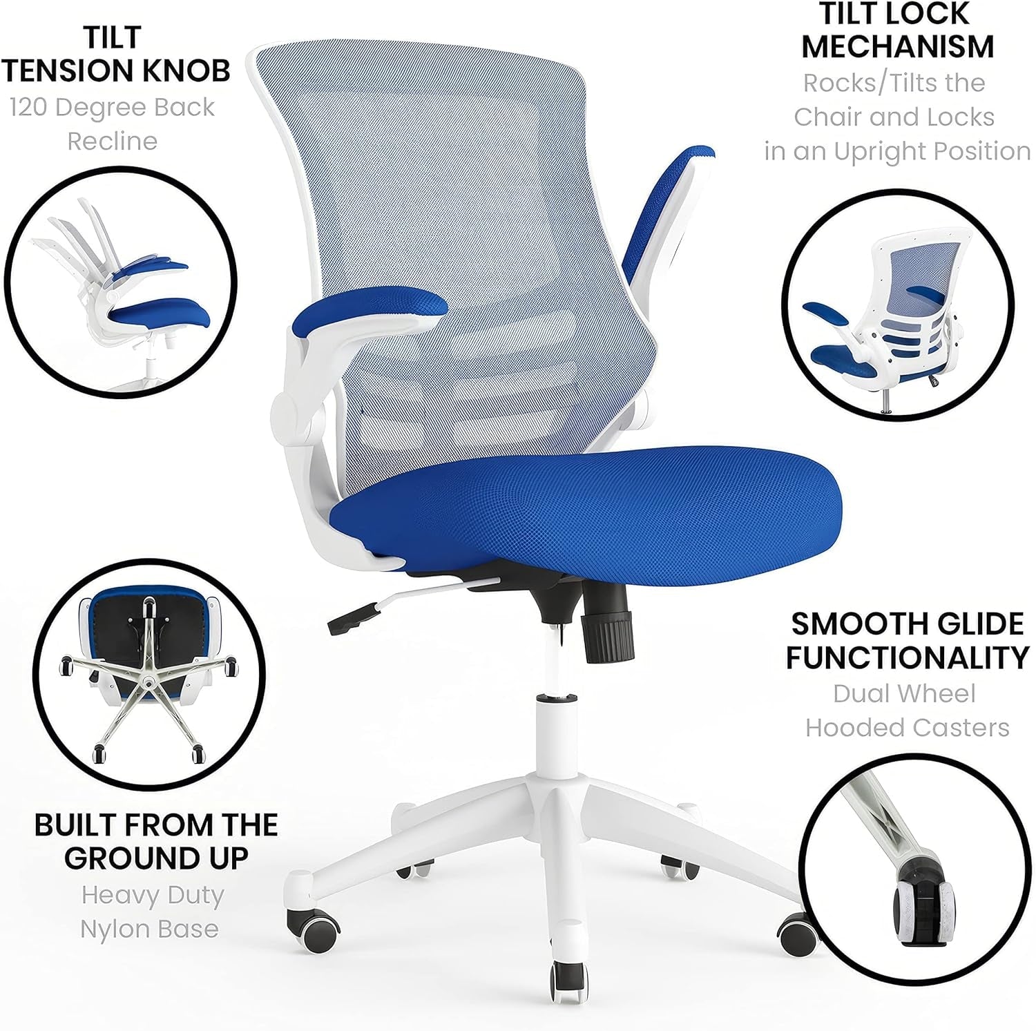 Kelista Office Chair, Ergonomic, Mid-Back, White Frame, Blue Mesh with Swivel-3