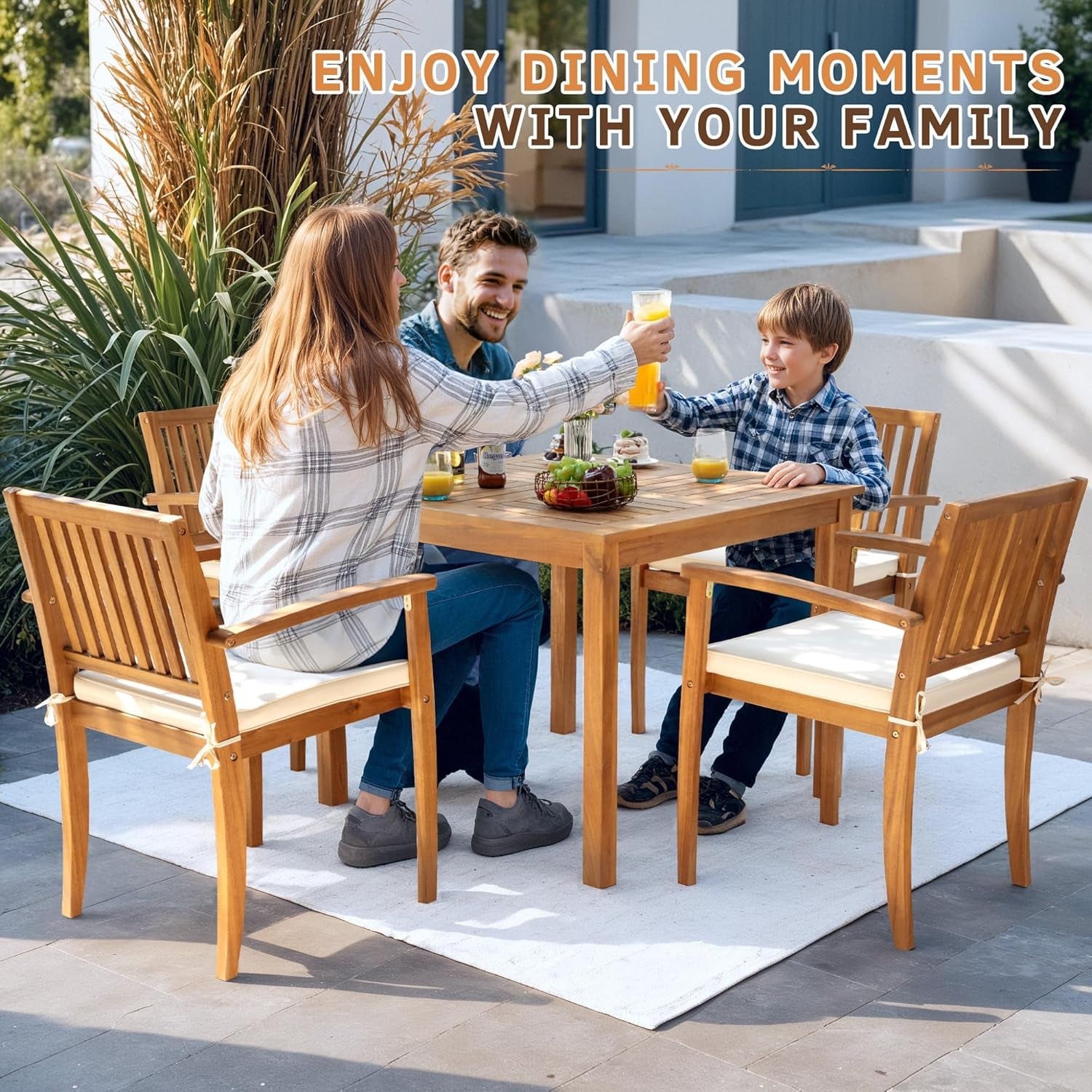5 Piece Patio Dining Set Outdoor Solid Wood Furniture for Yard, Garden, Porch W/Square Tabletop & 4 Chairs, White-3