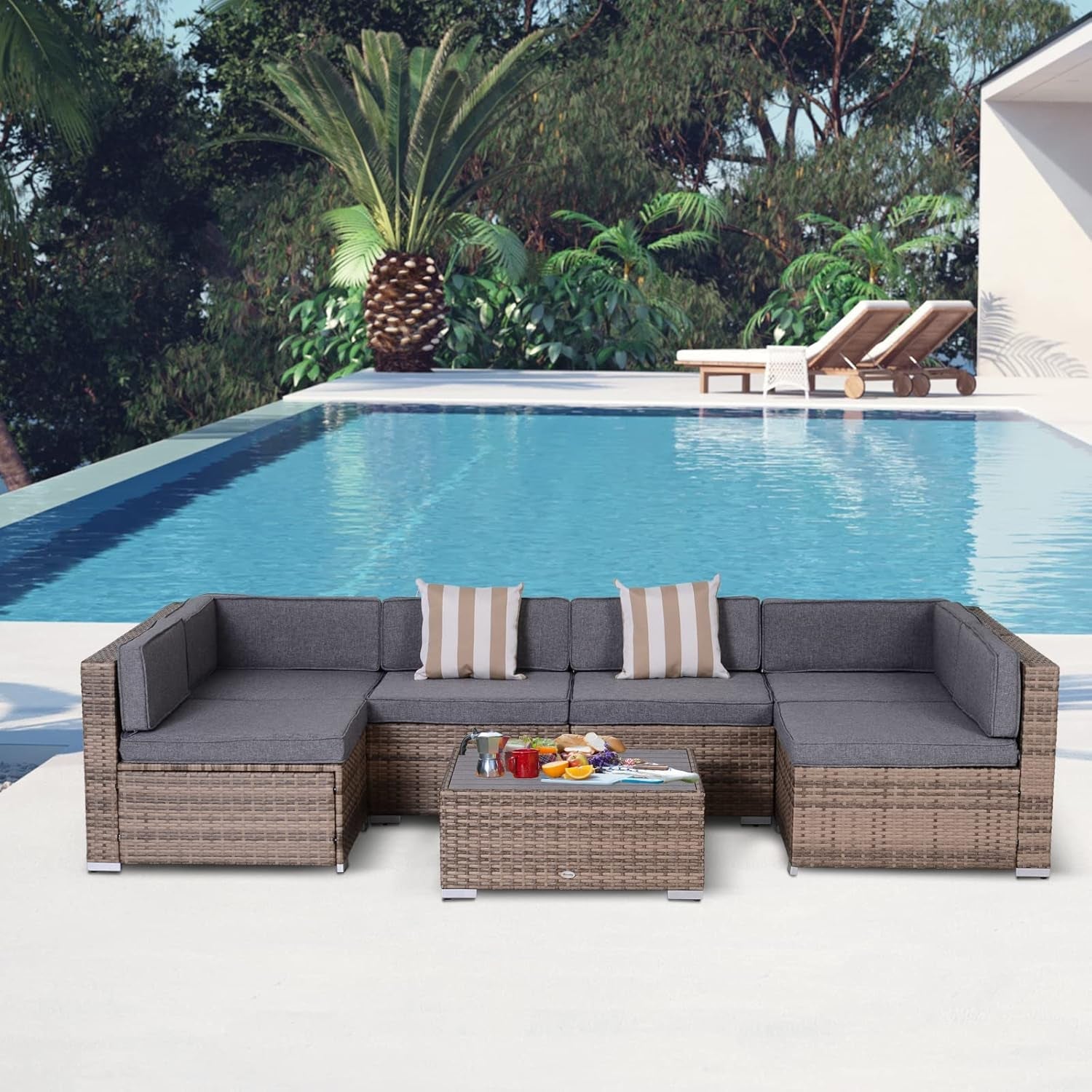 7-Piece Patio Furniture Set, Outdoor Wicker Conversation Set, All Weather PE Rattan Sectional Sofa Set with Cushions and Faux Wood Table, Stripe Pillows, Gray-1