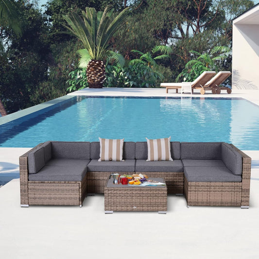 7-Piece Patio Furniture Set, Outdoor Wicker Conversation Set, All Weather PE Rattan Sectional Sofa Set with Cushions and Faux Wood Table, Stripe Pillows, Gray-1