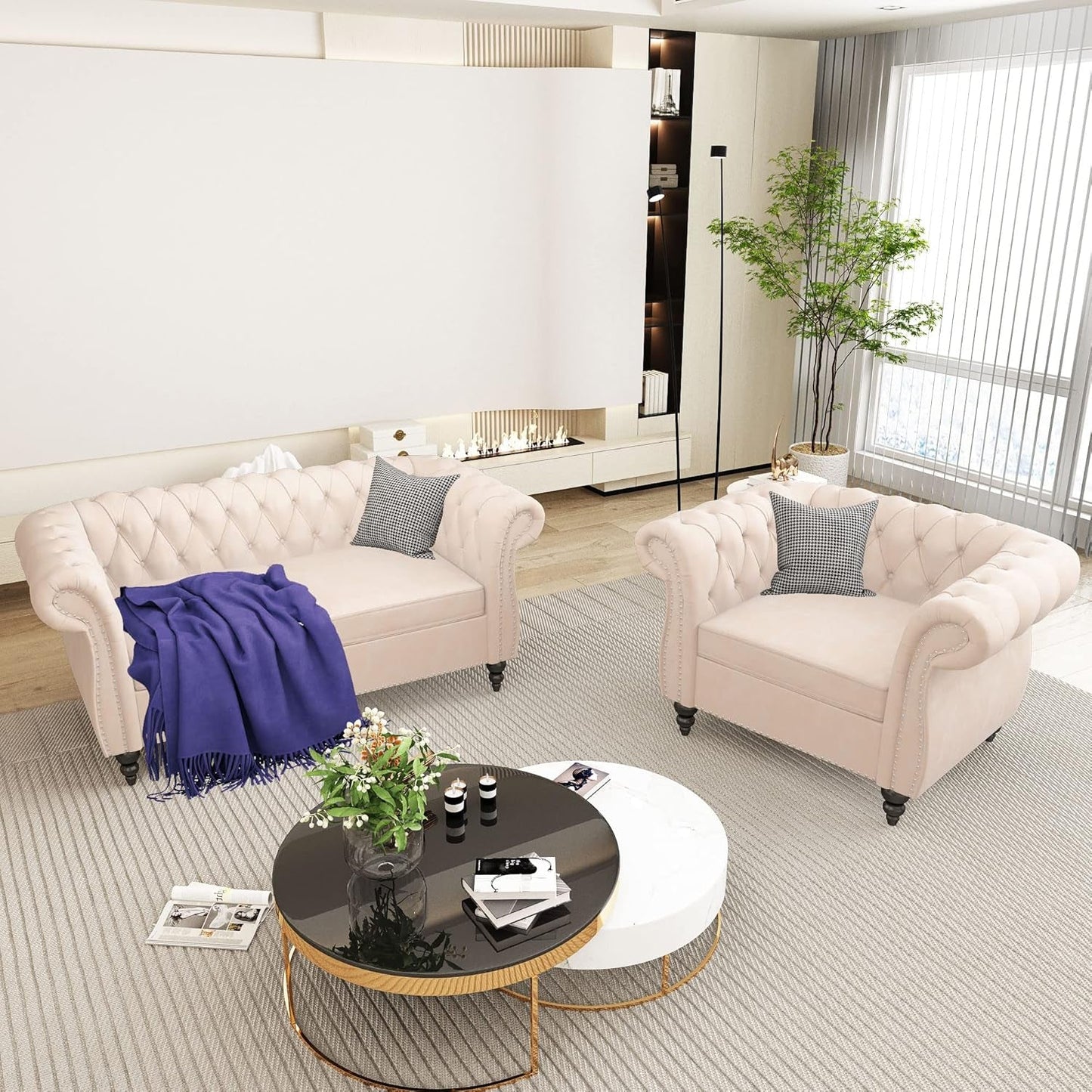 2 Piece Living Room Set, Chesterfield Velvet Sofa Loveseat Couch Chair with Scroll Arms and Nailhead for Living Room, Office (Beige, 1-2)-4