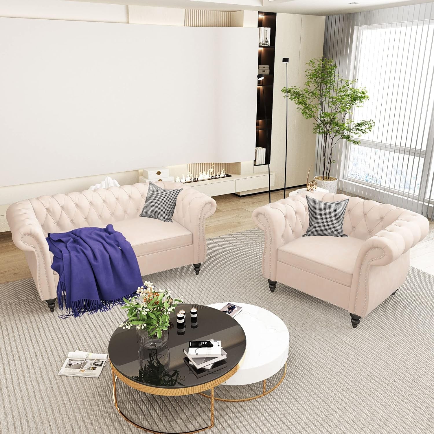 2 Piece Living Room Set, Chesterfield Velvet Sofa Loveseat Couch Chair with Scroll Arms and Nailhead for Living Room, Office (Beige, 1-2)-4