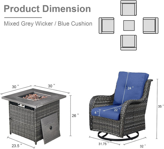 5 Pieces Patio Wicker Furniture Set - 4 Outdoor Swivel Rocker Glider Chairs with Propane Fire Pit Table, Patio Conversation Set Blue Cushion Perfect for Casual Gathering-1