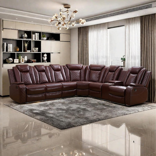 Power Recliner Sofa Sectional Sofa with LED Light for Living Room, Air Leather Reclining Corner Sectional Sofa Set, Cup Holder, Storage Console for Home Theater Seating (Burgundy, Sectional)-0