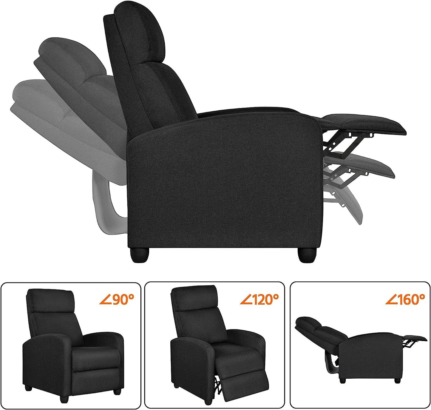 Fabric Push Back Recliner Chair, Pocket Spring, Matte Black-3