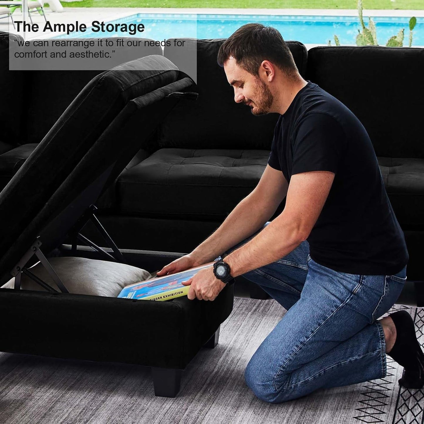 Velvet Modular Sectional Sofa Couch with Storage Convertible Sectional Sleeper Sofa Couch Bed Set with Reversible Chaise Black-4