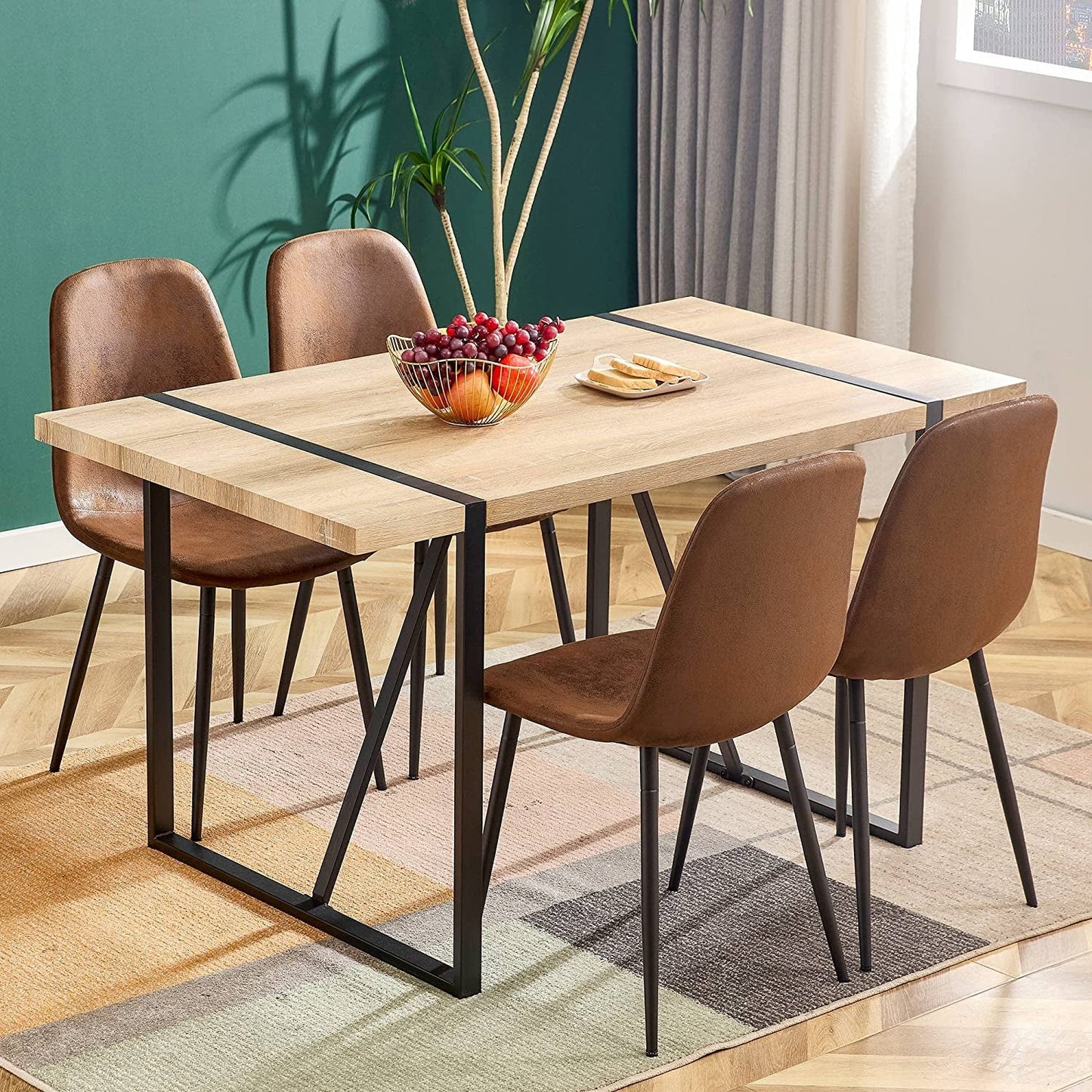 5 Piece Modern Farmhouse Wood Dining Table Set with Upholstered Chairs-1