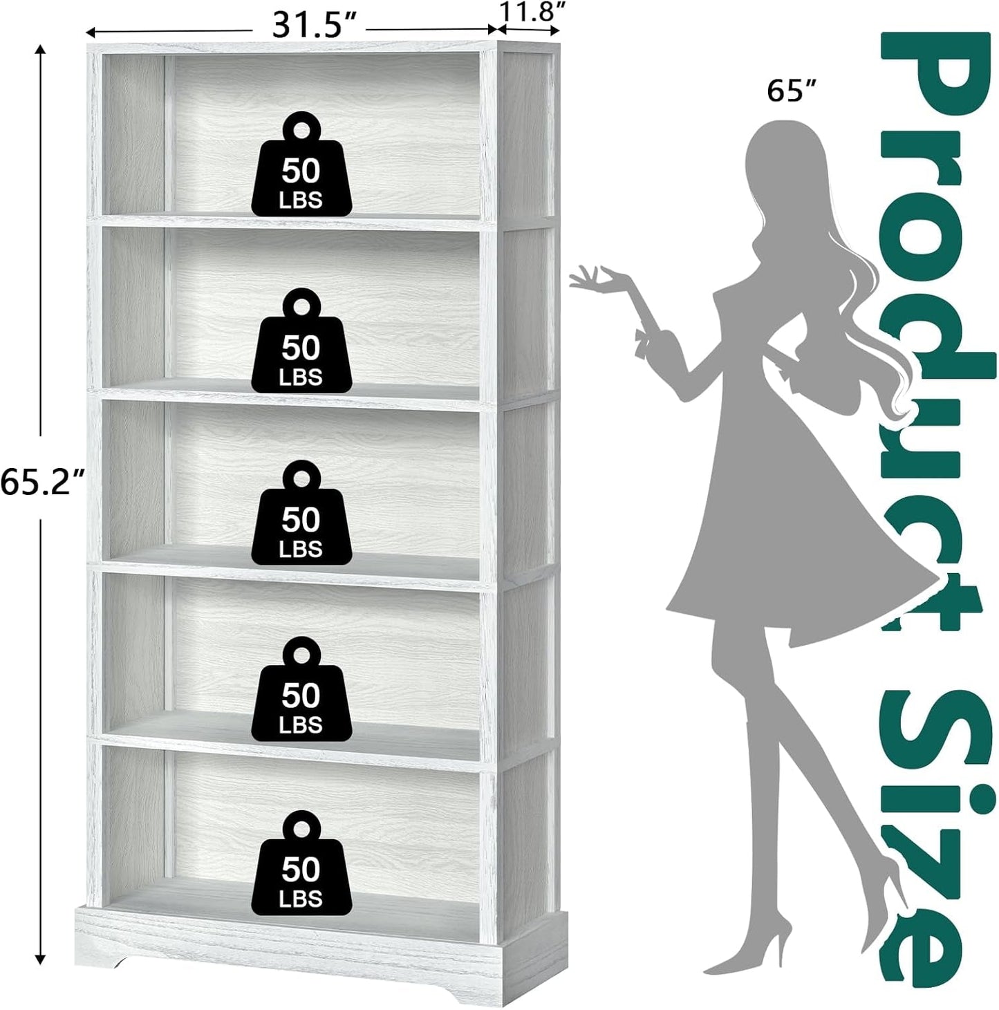 5-Shelf Wood Bookcase, 65 Inch Tall Bookshelf with Storage, Floor Standing Display Book Shelf-2