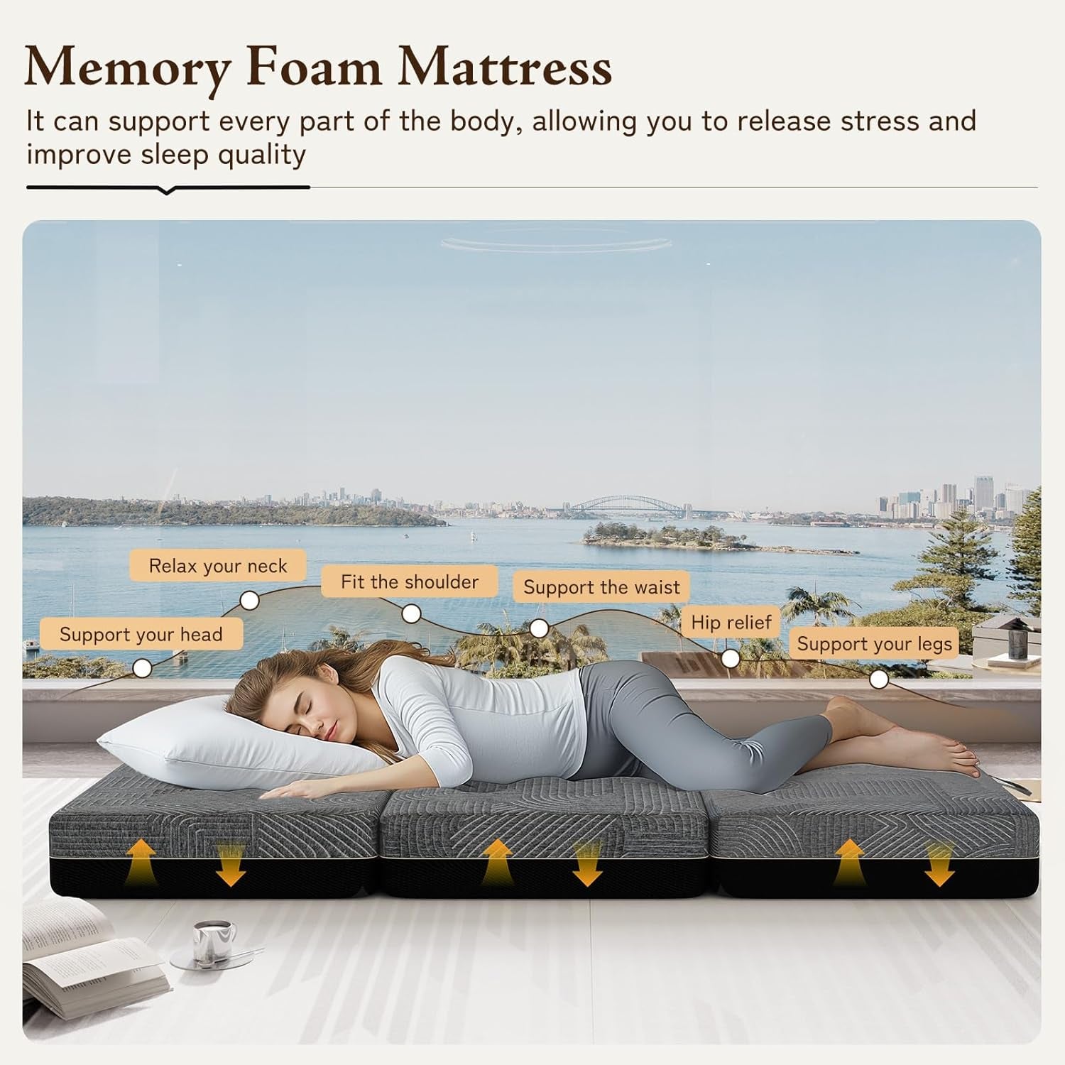 Tri Folding Mattress Twin Size - Memory Foam Tri-Fold Mattress, Handle & Non-Slip Bottom, Portable Foldable Sofa Bed Floor Mattress Chair for Travel RV Camping Guest Yoga - 6 Inch, 75"X38"X6"-2