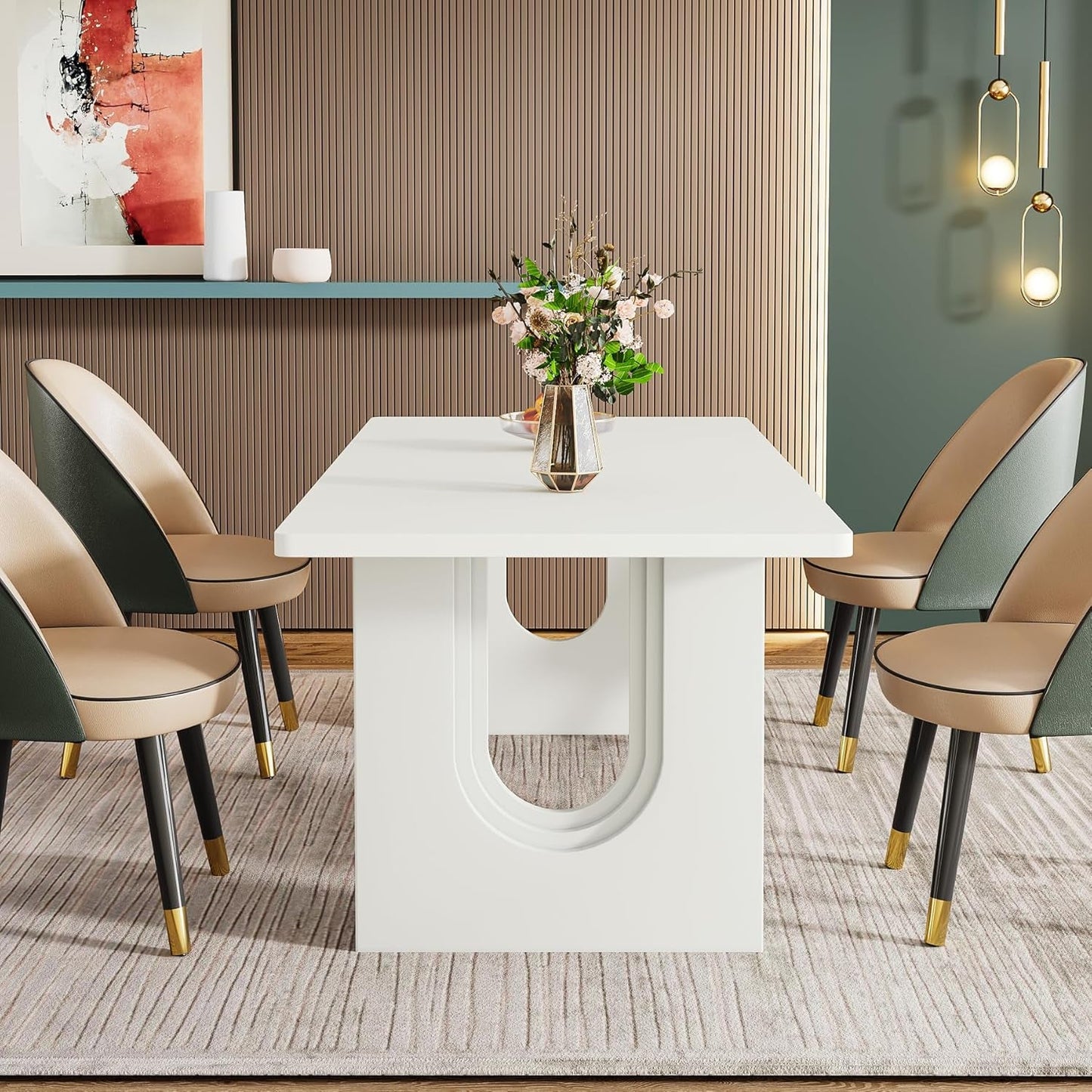 Modern Dining Table for 6 to 8 People, 71" Large Kitchen Dining Table with Wood Pedestal Base, Rectangular Long Dinner Table for Kitchen, Dining Room, Living Room, White-3