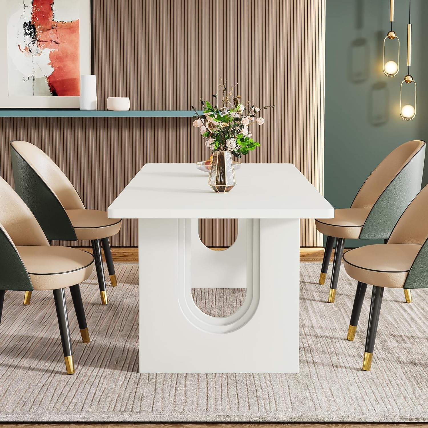Modern Dining Table for 6 to 8 People, 71" Large Kitchen Dining Table with Wood Pedestal Base, Rectangular Long Dinner Table for Kitchen, Dining Room, Living Room, White-3