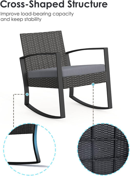 3 Piece Wicker Patio Furniture Set, Outdoor Rocking Chairs, Outdoor Furniture with Table & Cushions, Patio Chairs Balcony Porch Furniture, Gray-1