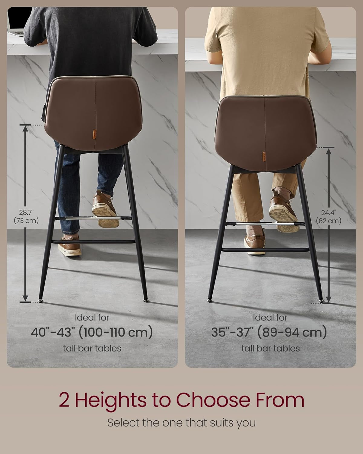 Bar Stools Set of 2, Bar Height Bar Stools with Back, Ergonomic Backrest, Synthetic Leather, Metal Legs, 28.7-Inch Tall Stools for Kitchen Island Home Bar, Coffee Brown ULBC888K02-3