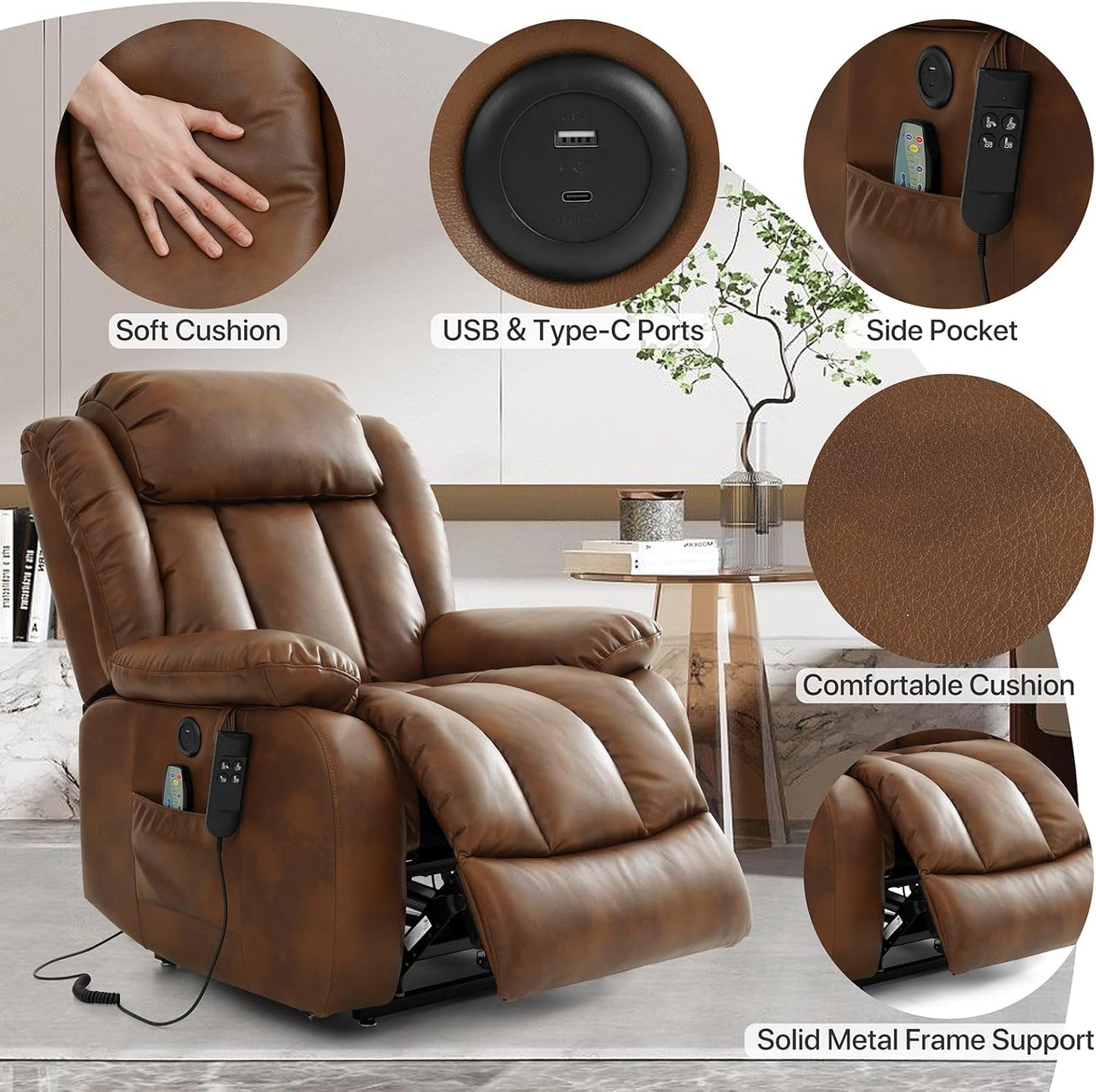 Dual Motor Large Power Lift Recliner Chair Recliners for Elderly, Infinite Position Recliner Chair with Heat and Massage, Breathable Leather(Ochre)-4