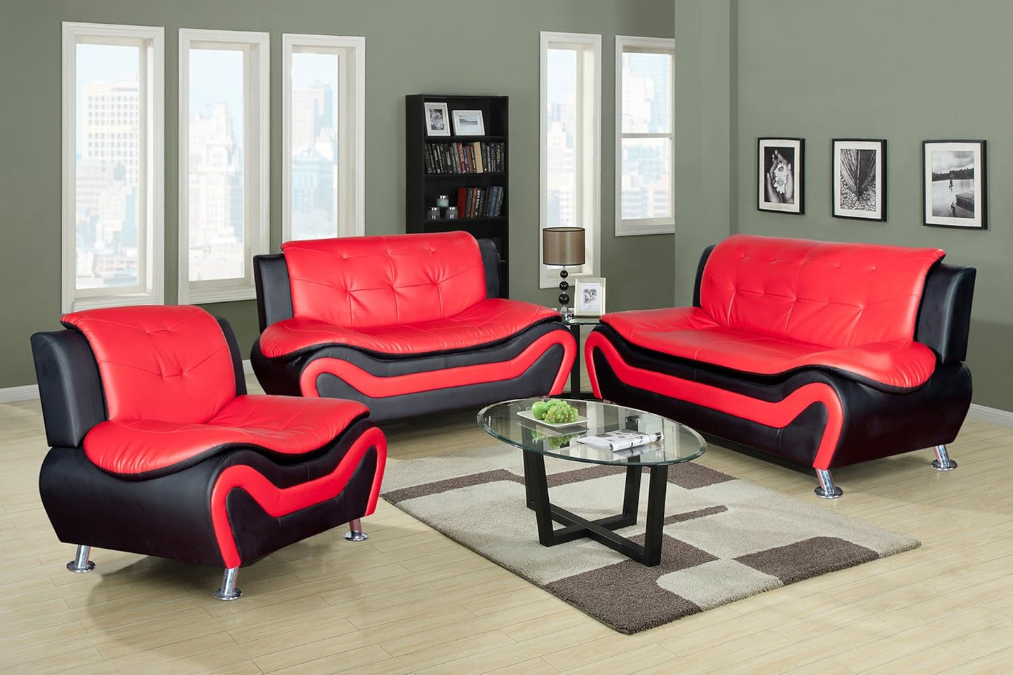 Aldo ((3 Piece) Modern Sofa Set, Black/Red-0