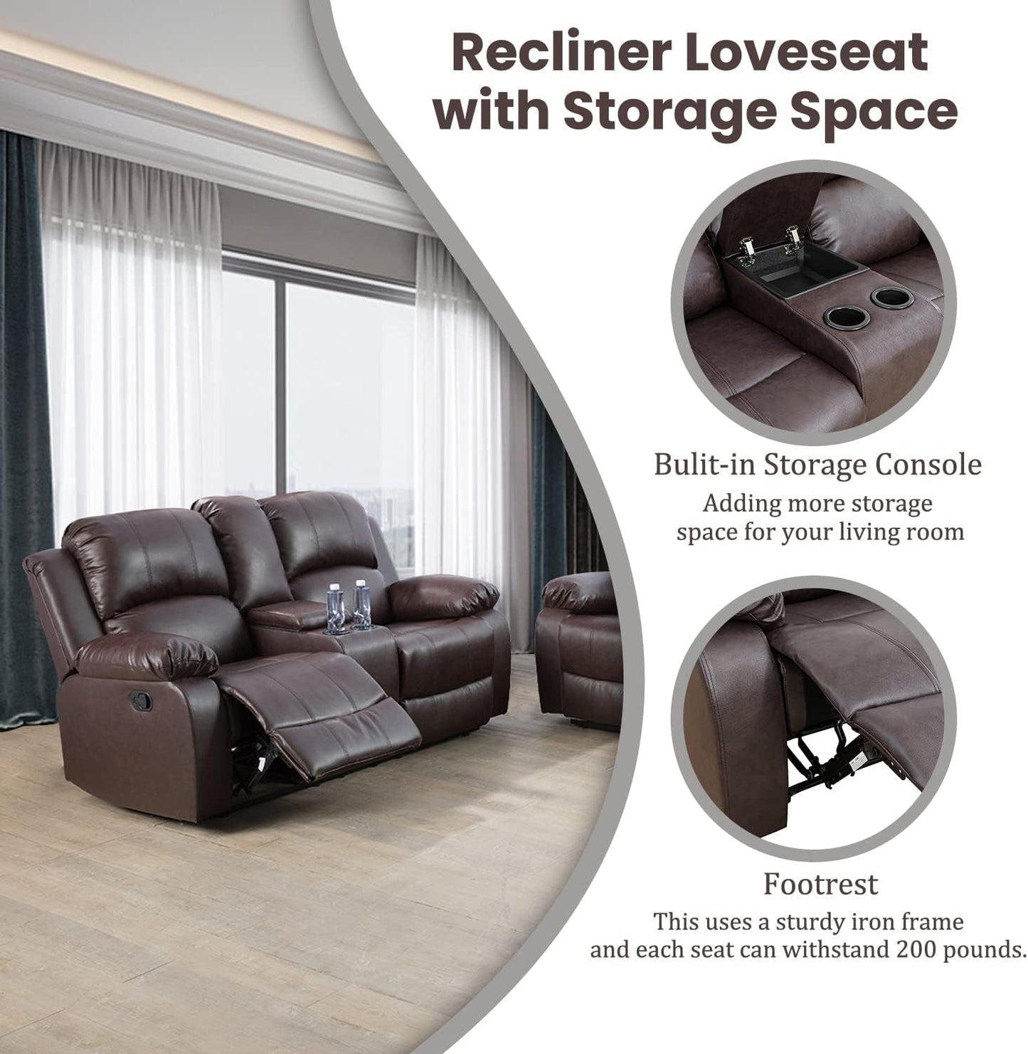 Manual Recliner Sofa Set, Bonded Leather Sofa Set Living Room Furniture, Reclining Sofa Set Leather Recliner Couch with Cup Holder/Storage Console for Living Room (3 Pieces Couch Set, Brown)-4