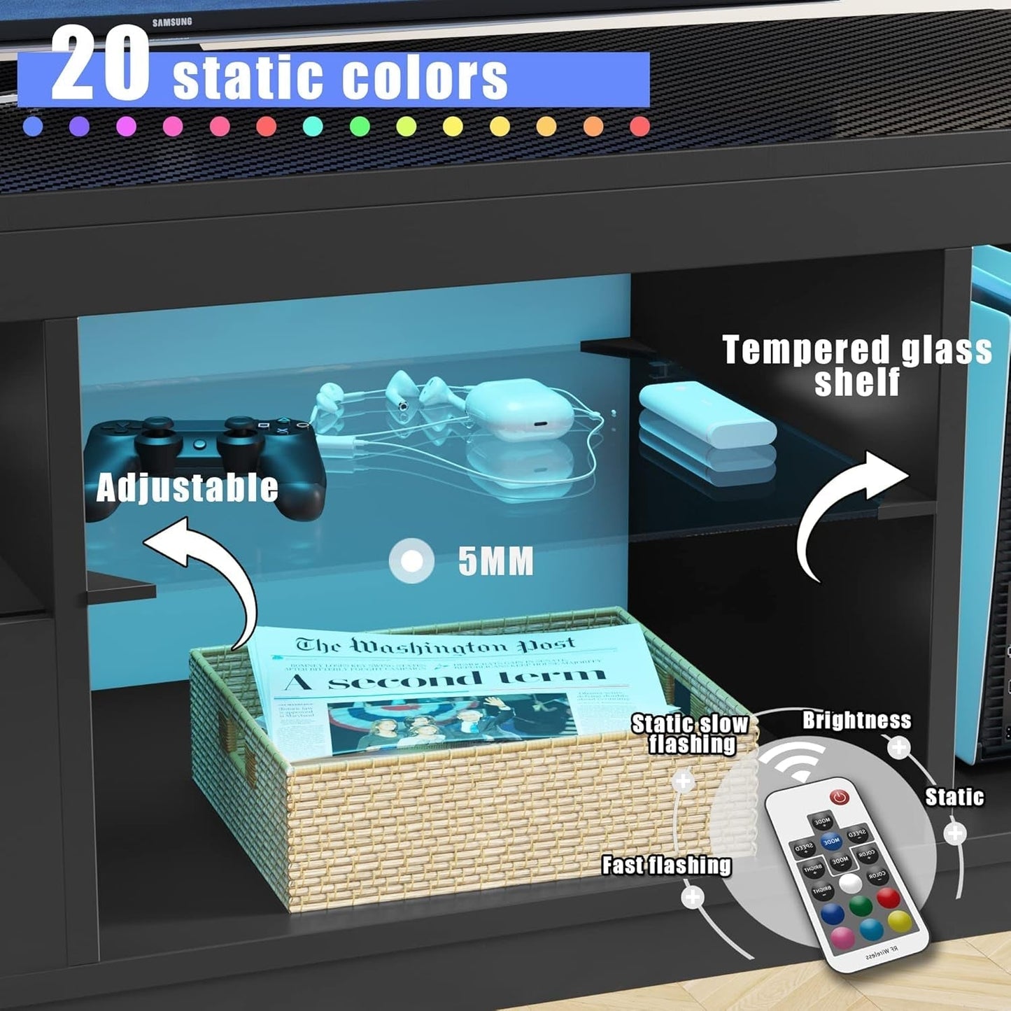 TV Stand, Entertainment Center LED Gaming TV Stand for 65+ Inch TV Carbon Fiber Top, Dynamic RGB Modes TV Cabinet Console with Adjustable Glass Shelves Storage Drawers (Black)-4