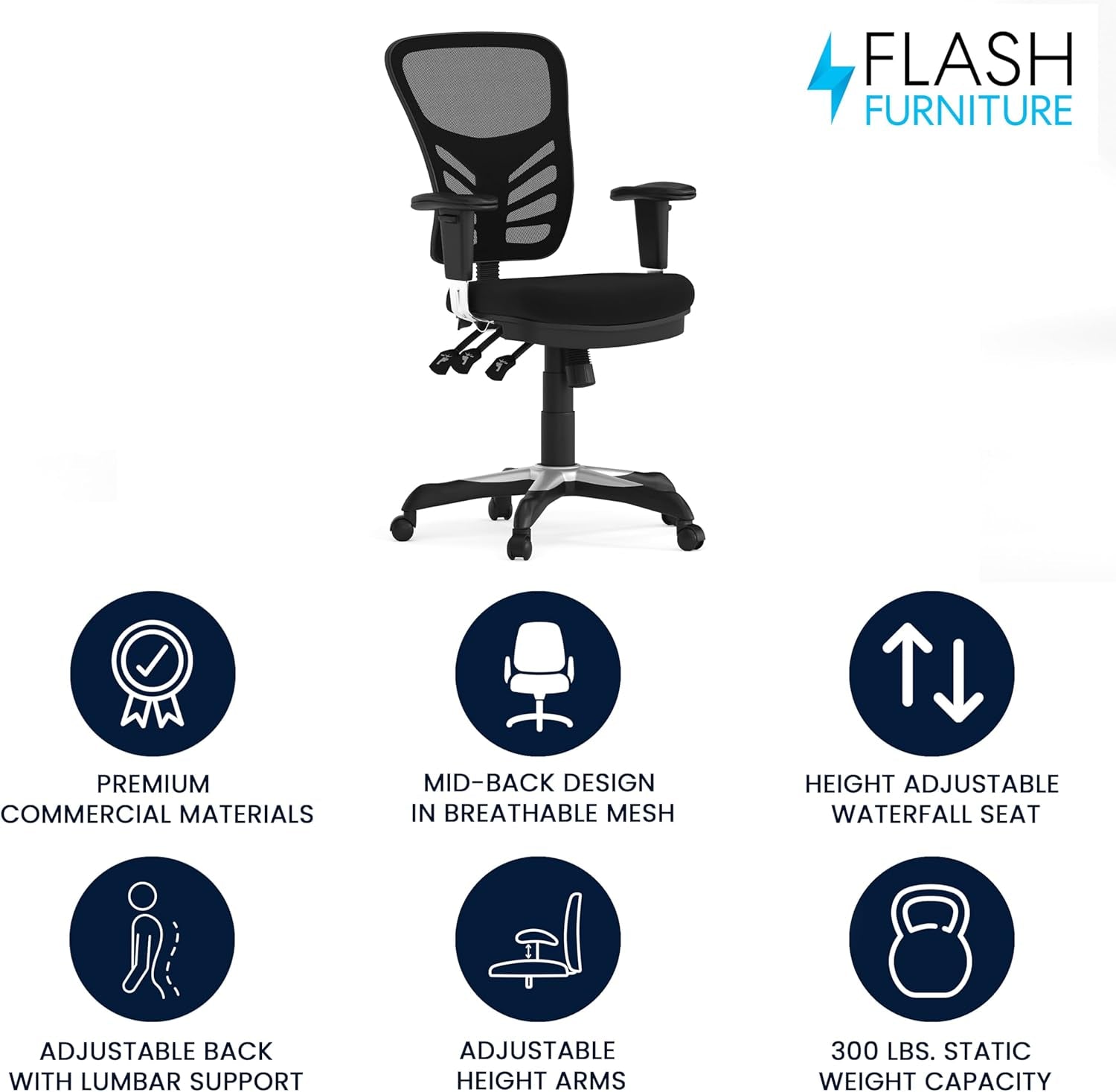 Nicholas Mid-Back Swivel Office and Gaming Chair, Ergonomic Mesh Office Chair with Adjustable Lumbar Support and Height, Black-3