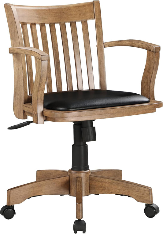 OSP Home Furnishings Deluxe Wood Banker'S Desk Chair with Padded Seat, Adjustable Height and Locking Tilt, Fruitwood Finish and Black Vinyl-0
