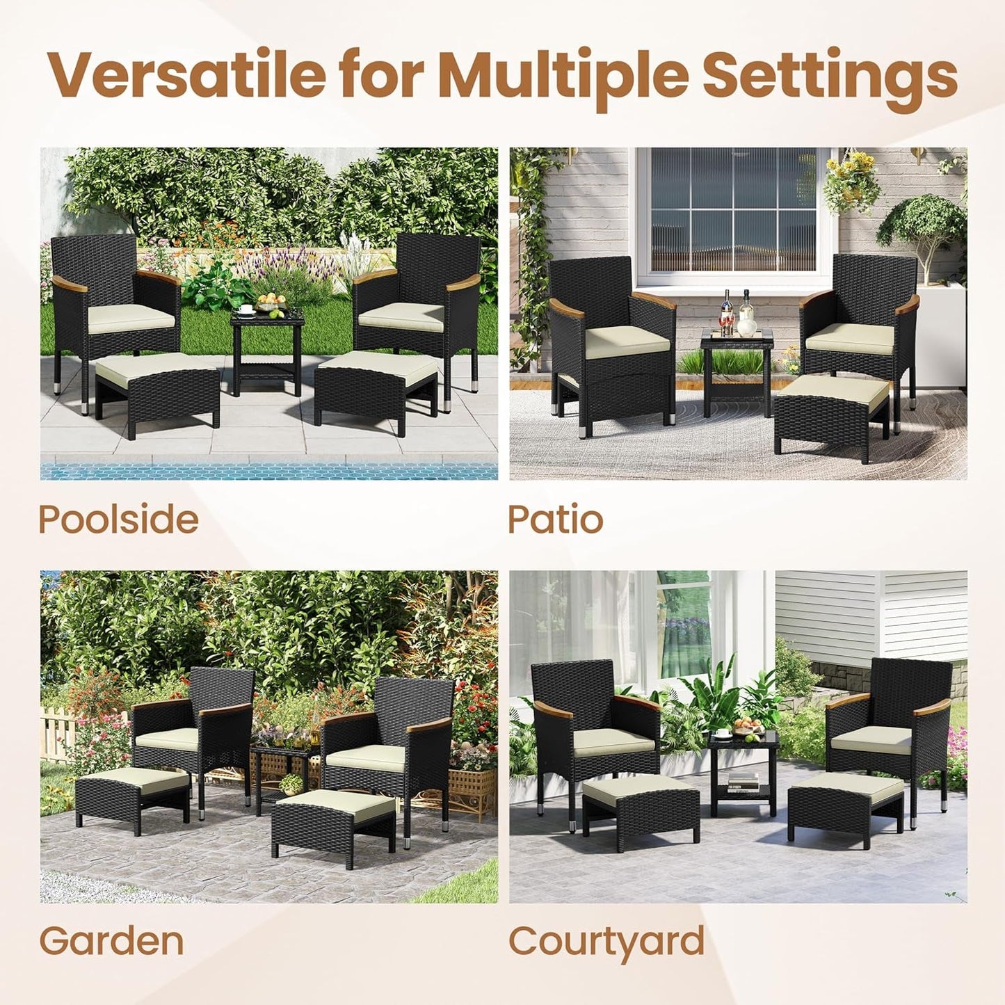 5 Piece Patio Conversation Set, Outdoor Wicker Bistro Furniture, PE Wicker Outdoor Rattan Chairs Set with Coffee Table for Porch, Poolside, Lawn, Garden, Balcony-3