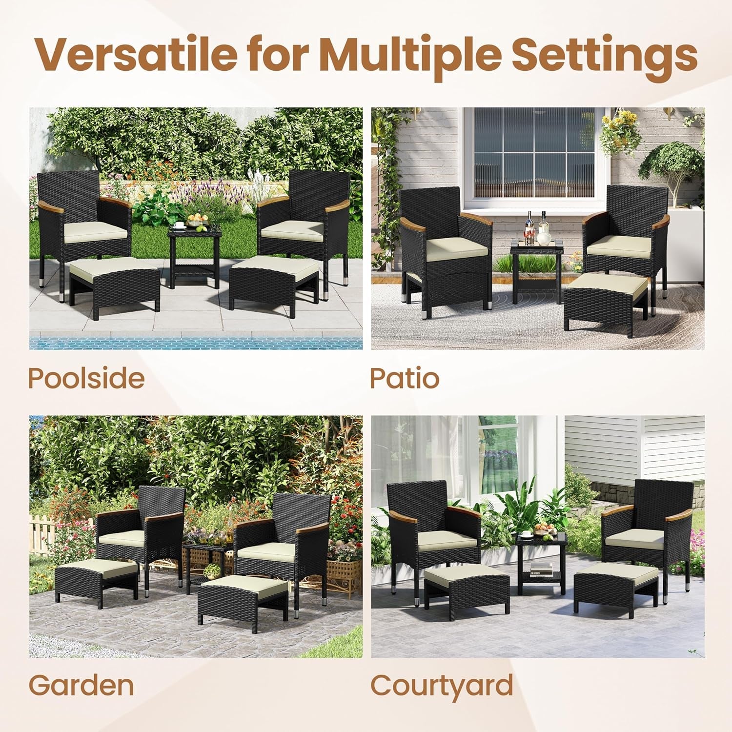 5 Piece Patio Conversation Set, Outdoor Wicker Bistro Furniture, PE Wicker Outdoor Rattan Chairs Set with Coffee Table for Porch, Poolside, Lawn, Garden, Balcony-3