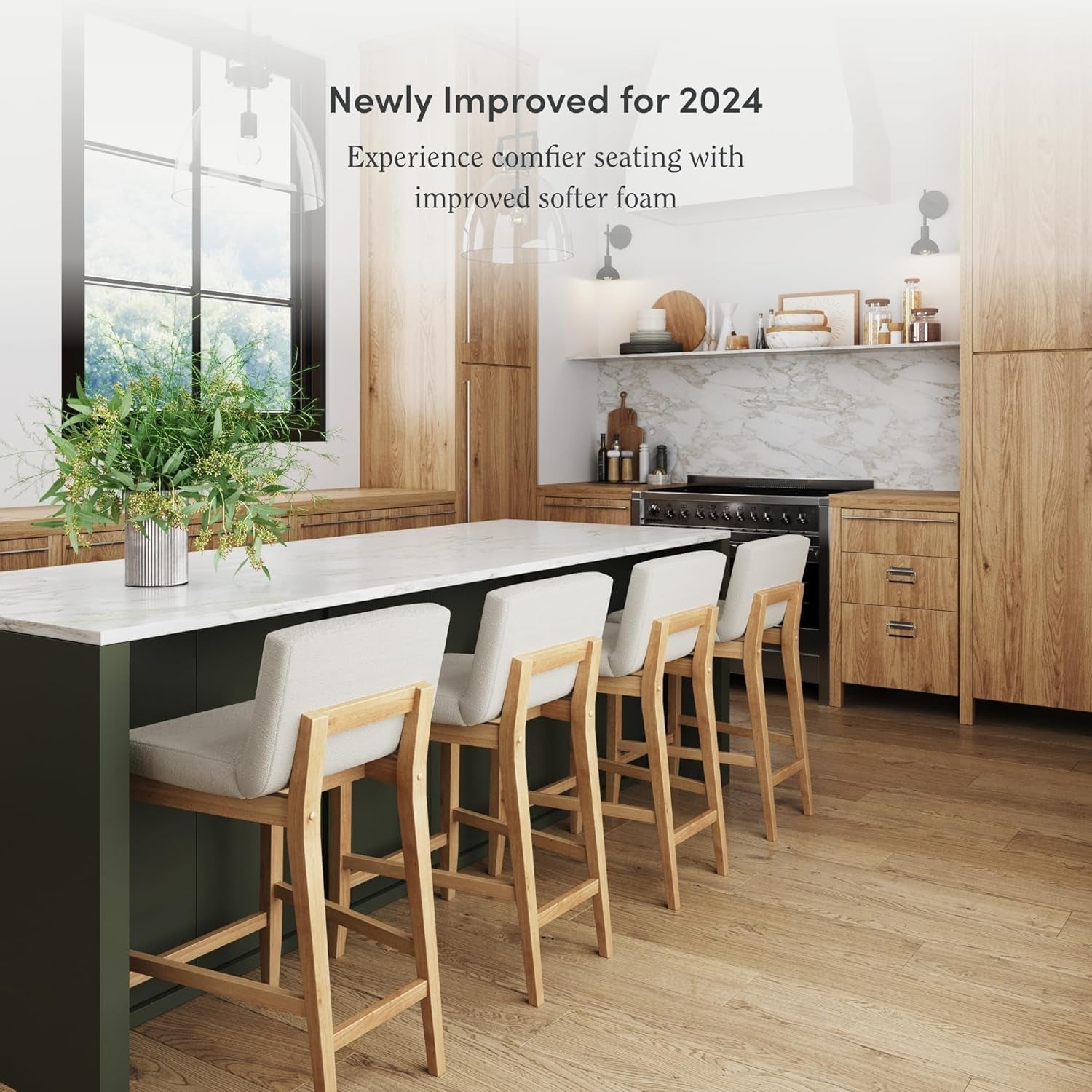 Gracie Modern Counter Height Bar Stool with Back, Counter Stool Upholstered Chair with Natural Textured Linen and Brushed Wooden Legs, Cream Boucle/Light Brown, Set of 4-2