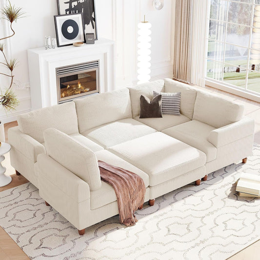 Large Sectional Sofa Couch with Ottoman for Living Room, L Shaped Corduroy Fabric Sofa Couch, 98" L Modular Corner Sectional Sofa for Spacious Space Office, Beige-0