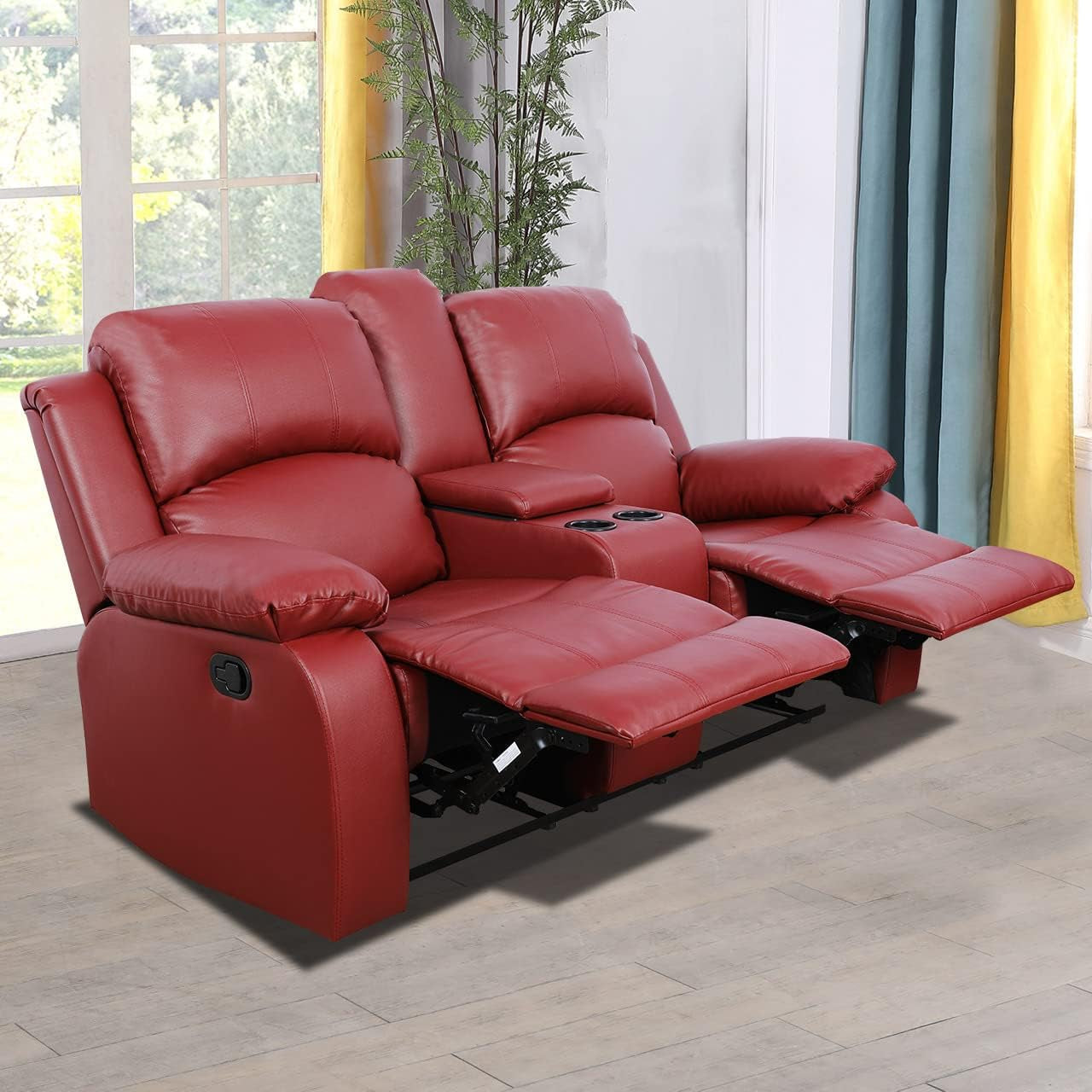 Faux Leather Recliner Sofa Set, Reclining Living Room Set, Manual Reclining Sofa and Loveseat with Recliner Chair (Red, Sofa+Loveseat)-2