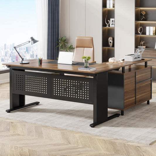 63 Inch Brown Black L Desk Storage-1