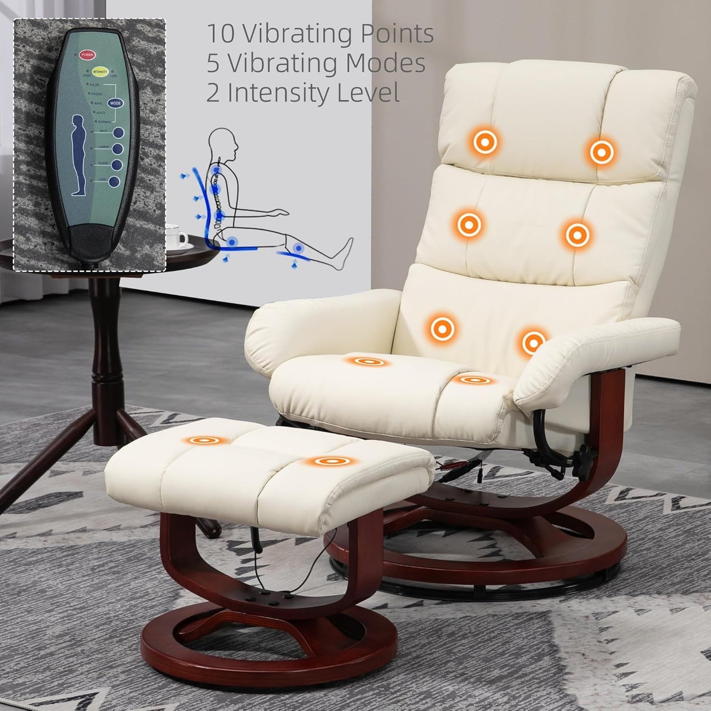 Massage Recliner Chair with Ottoman, Swivel Recliner and Footrest, Faux Leather Reclining Chair with Remote Control and Side Pocket, Cream White-3