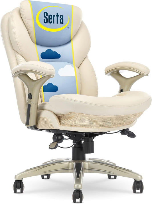 Ergonomic Executive Office Chair Motion Technology Adjustable Mid Back Design with Lumbar Support, Ivory Bonded Leather-0