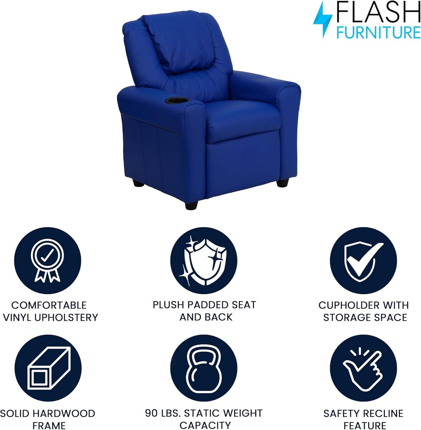 Vana Vinyl Kids Recliner with Cup Holder, Headrest, and Safety Recline, Contemporary Reclining Chair for Kids, Supports up to 90 Lbs., Blue-3