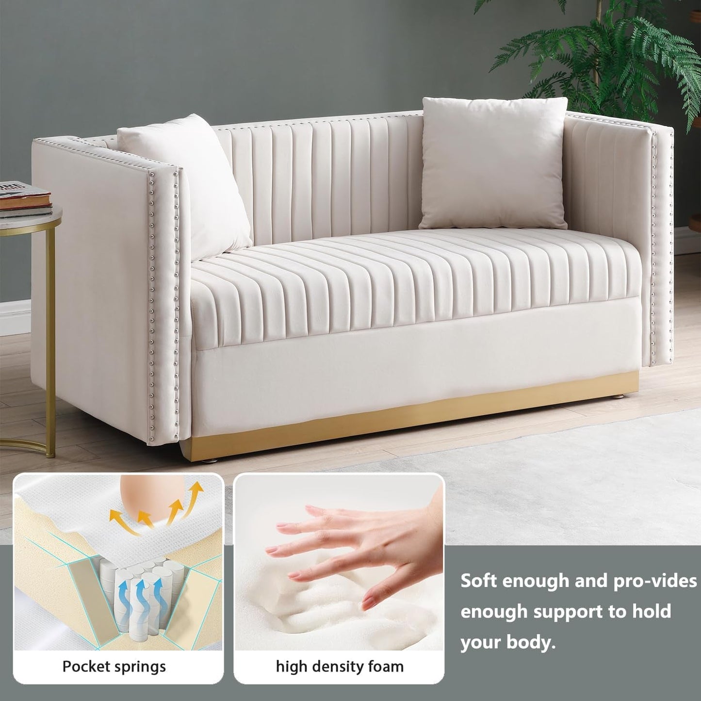 Velvet Sofa Set Luxury Couch Set Living Room Couches and Loveseat Sets Modern Sofa Couch Set L Shaped Couches with Gold Metal Legs and Nailhead for Living Room, Apartment and Office-3