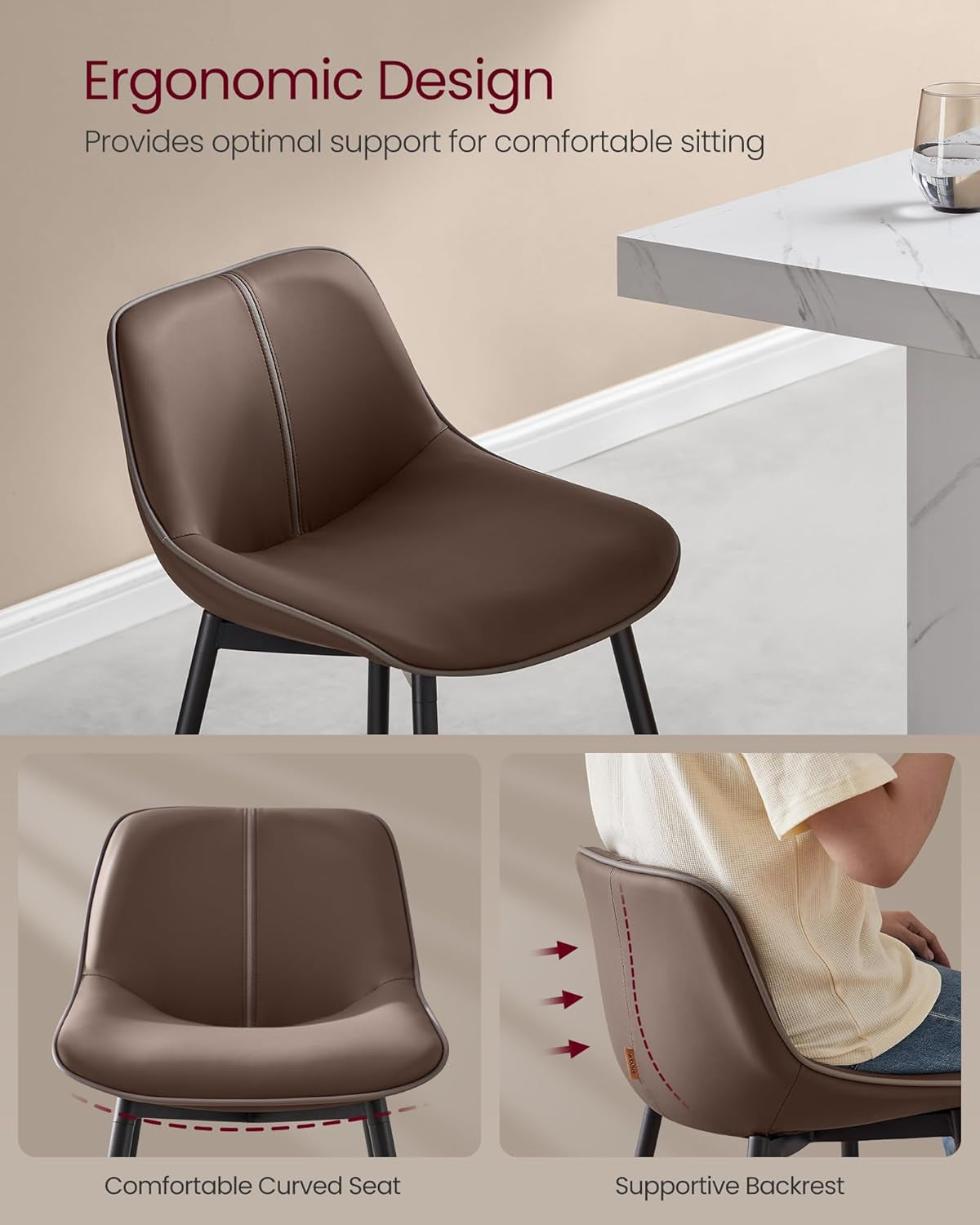 Bar Stools Set of 2, Bar Height Bar Stools with Back, Ergonomic Backrest, Synthetic Leather, Metal Legs, 28.7-Inch Tall Stools for Kitchen Island Home Bar, Coffee Brown ULBC888K02-4