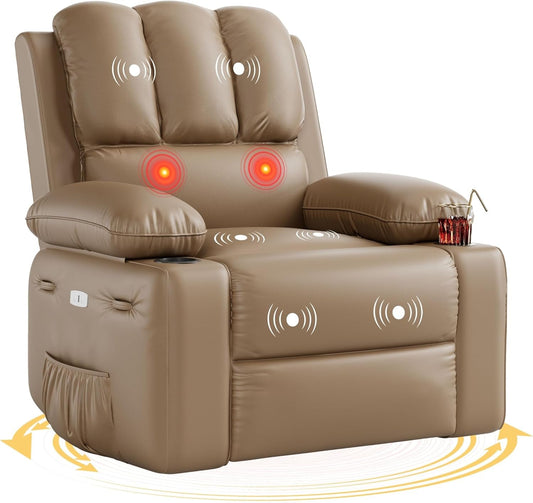 Oversized Electric Recliner Chair - 360° Rocker Swivel Recliner with Heat and Massage, PU Leather Large Recliner for Adults, Comfortable Lazy with 1.5X Sponge Filling for Living Room-0