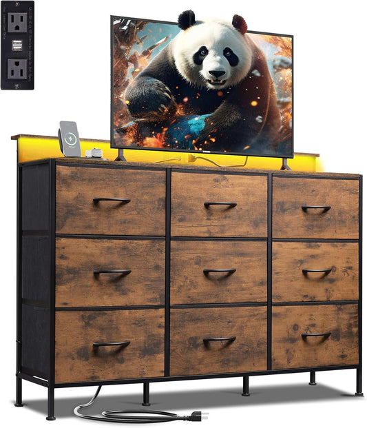 Dresser TV Stand for 55 Inch, Led Dresser for Bedroom, White Dresser for Bedroom with LED Lights and Charging Station, Chest of Drawers, 9 Fabric Dresser Drawers, Wood Top, Living Room, Closet-0