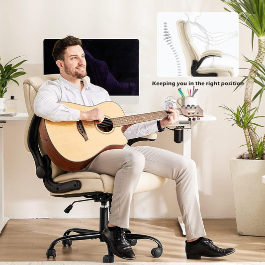Office Chair - Ergonomic Executive Computer Desk Chairs with Adjustable Flip-Up Armrest, Swivel Task Chair with Lumbar Support, Strong Metal Base, PU Leather, White-1