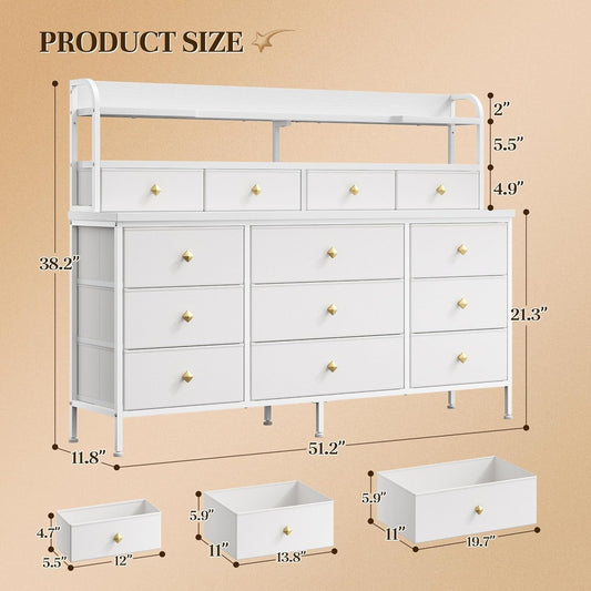 51.2" W White Dresser with 13 Drawers and LED Lights, White Dresser for Bedroom with Fabric Drawer, Long Dressers & Chests of Drawers, Dresser for Bedroom with Shelves for Closet-1
