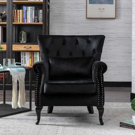 Black Velvet Wingback Chairs with Pillows (Set of 2)-0