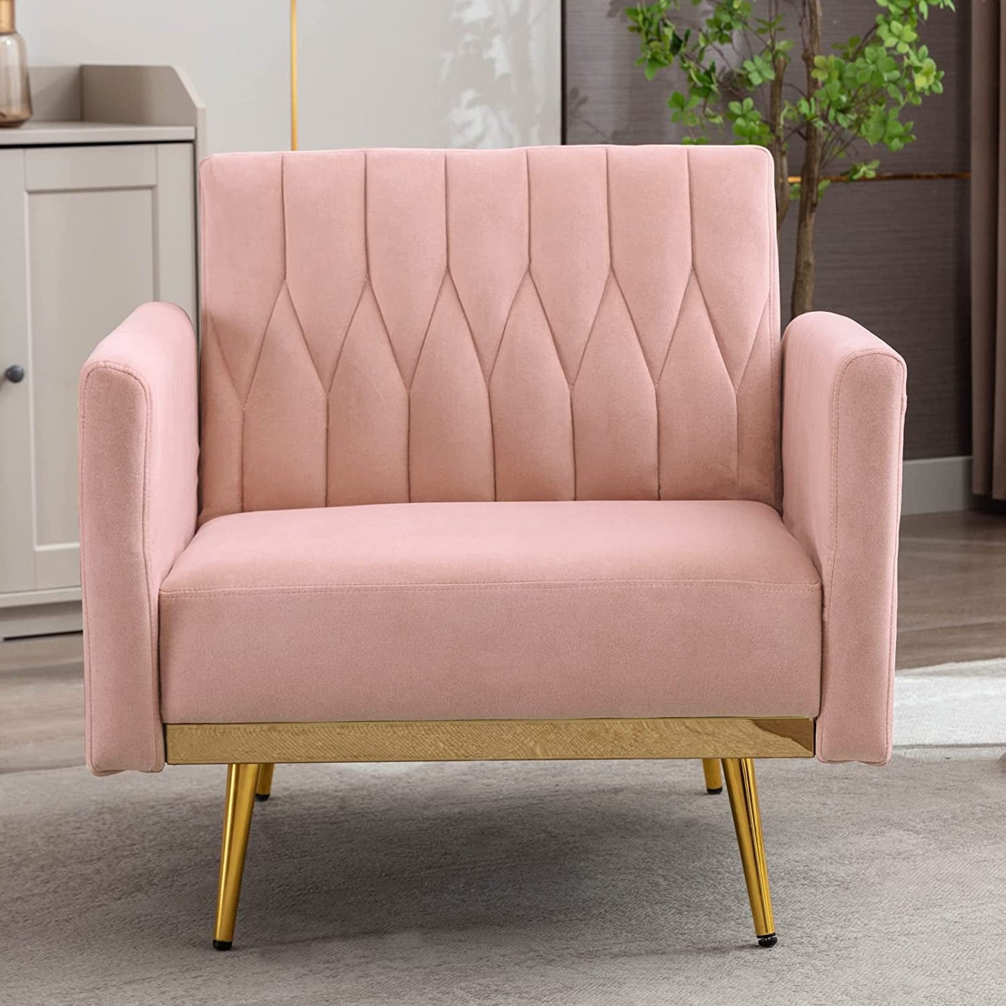 Pink Velvet Chair with Ottoman and Armrests-3