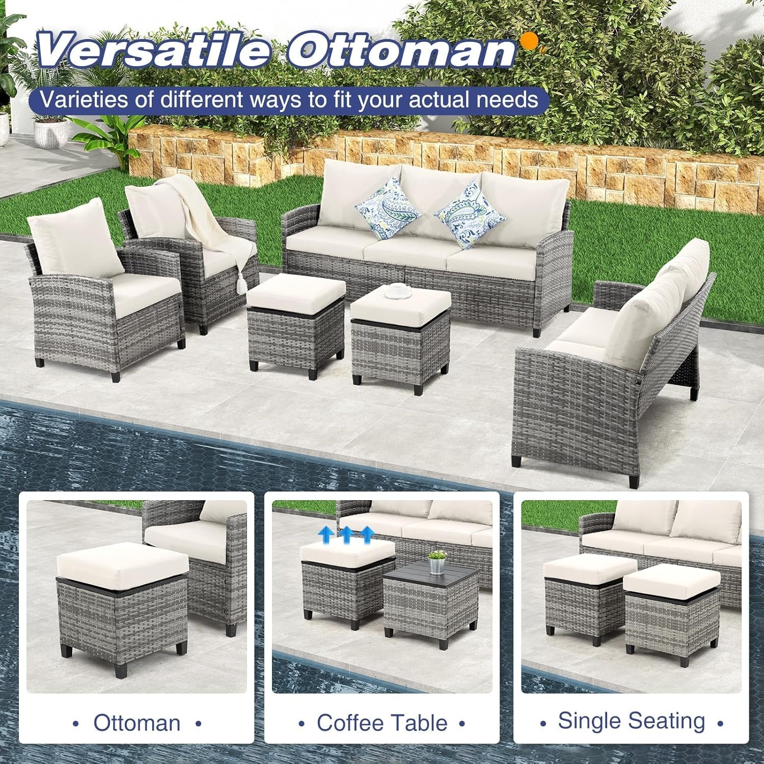 6 PCS Patio Furniture Set, Outdoor Wicker Conversation Sectional Sofa Couch Furniture Sets with Ottomans for Garden Balcony Backyard, Gray/Beige (Gray Rattan Beige Cushions, 6 Pieces Set)-4