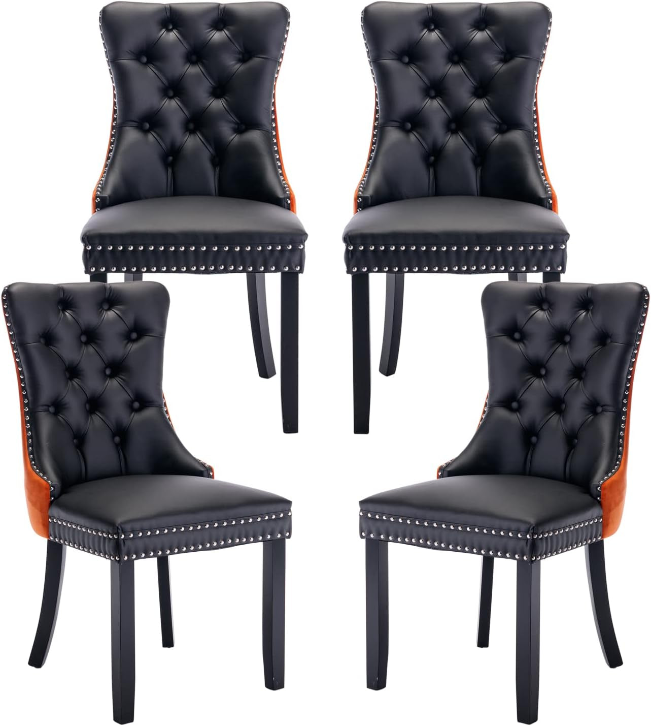 PU Leather Dining Chairs Set of 4, Upholstered Dining Room Chairs with Ring Pull Trim & Button Back, Luxury Tufted Dining Chairs for Living Room, Bedroom, Kitchen (Black Pu&Orange Velvet)-0