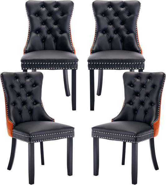 PU Leather Dining Chairs Set of 4, Upholstered Dining Room Chairs with Ring Pull Trim & Button Back, Luxury Tufted Dining Chairs for Living Room, Bedroom, Kitchen (Black Pu&Orange Velvet)-0