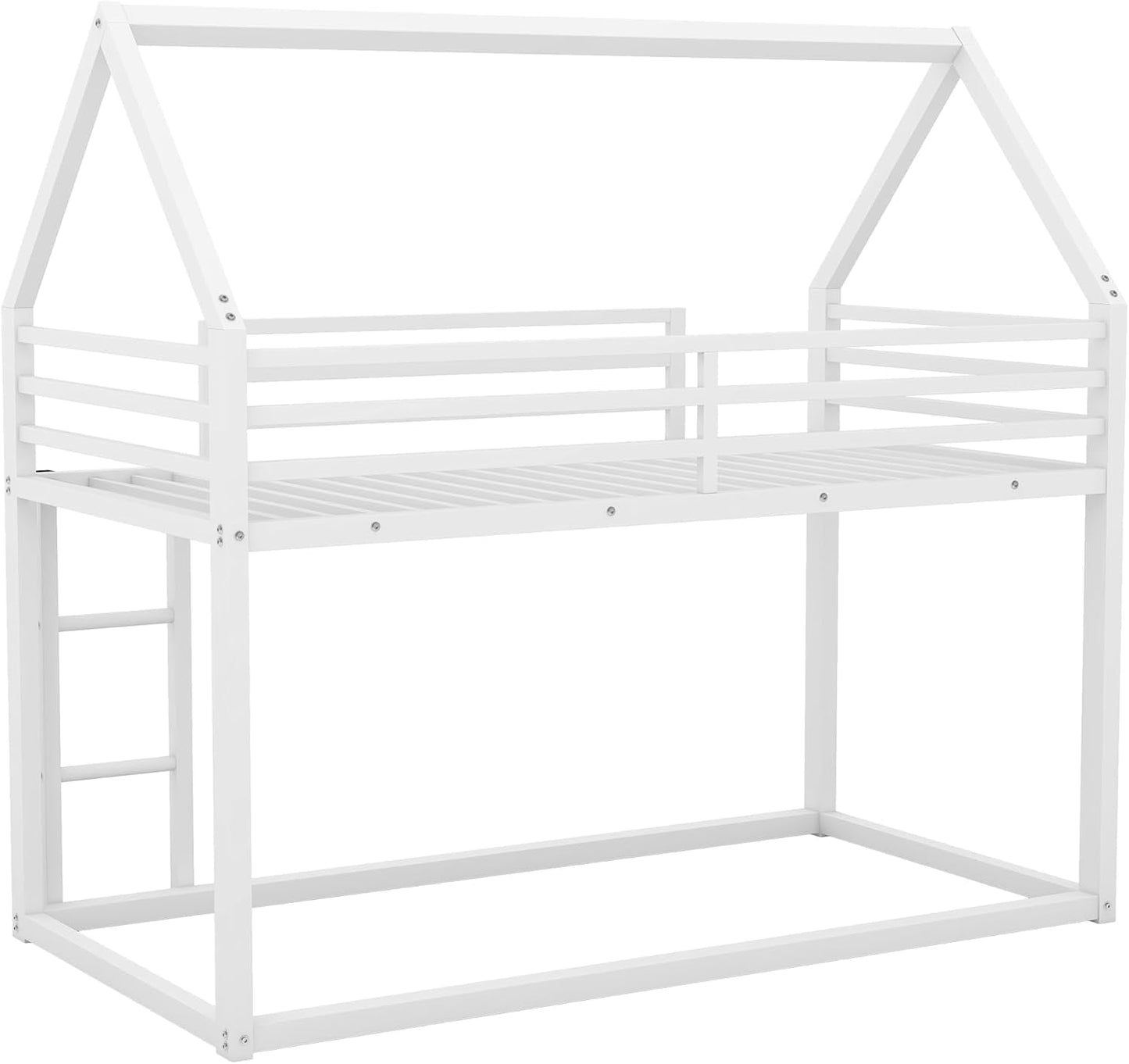 Full over Full Metal Floor Bunk Bed with Safety Guardrails and Roof Design for Kids,Girls, Boys,House Shaped Bunk Bed Frame,No Box Spring Required,White-4